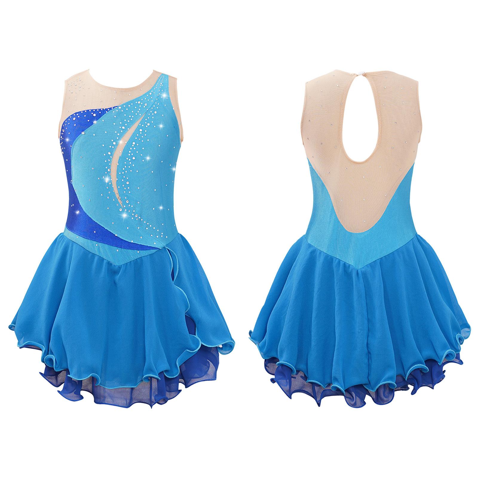 Kinder Mädchen Eiskunstlauf Kleid ärmellos Strass Wettbewerb Kostüme Ballett Tanz Tutu Rock 7-8 Years hellblaue