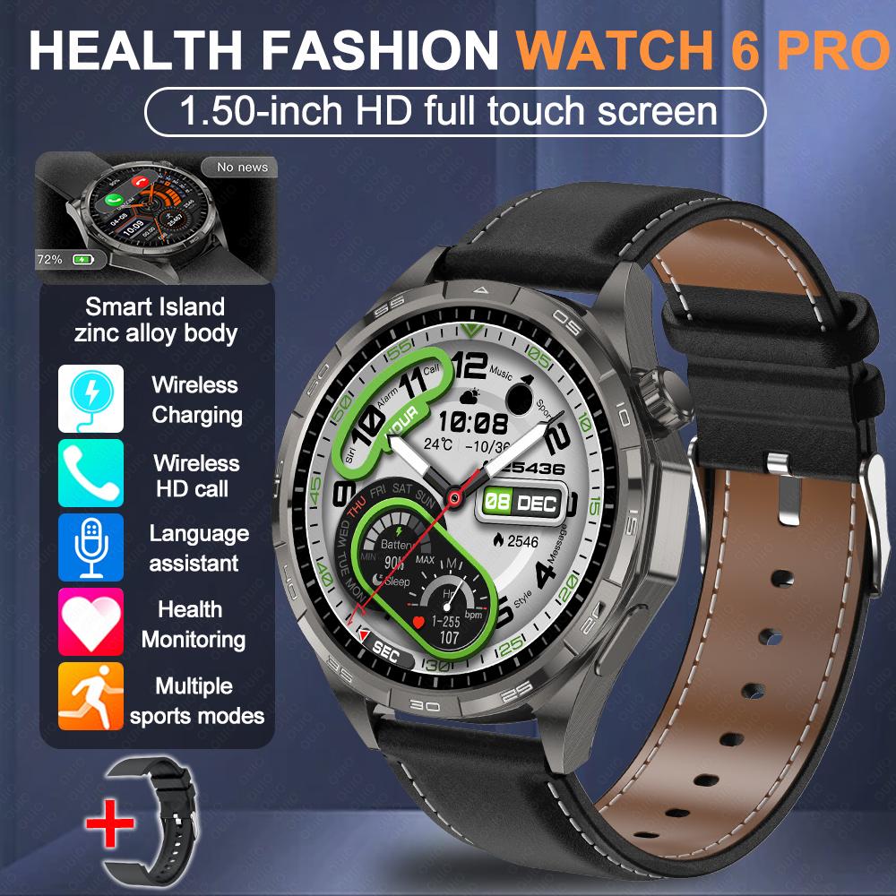2026 Neue Uhr 6 Pro Outdoor-Sport Smartwatch Herren 1,50” HD-Bildschirm GPS-Streckenverfolgung Höhenmesser Druck Herzfrequenz Smartwatch Black Leather+Silicone