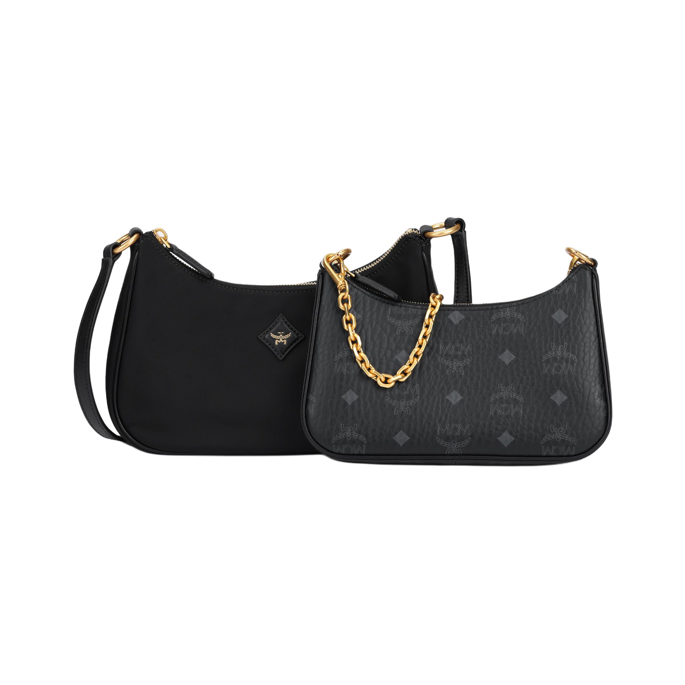 MCM Aren Duo Logo Print Zwei-in-Eins Verstellbarer Riemen Reißverschluss Recyceltes Nylon Umhängetasche Kleine Damen-Umhängetasche Schwarz MWHFSTA10BK001 Basic Set (Bag+Dust Bag)