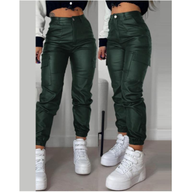 Herbst und Sommer Damen Hose Biker Reißverschluss Faltentaschen Mode PU Casual Patch Taschen Enge Hose mit kleinem Bein XL grün