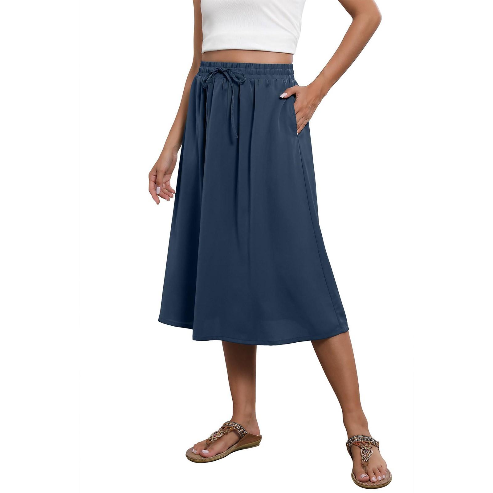 Fließender Rock in Midilänge, elastischer A-Linien-Rock mit hoher Taille und Taschen für Damen, trendiger Rock L dunkelblau