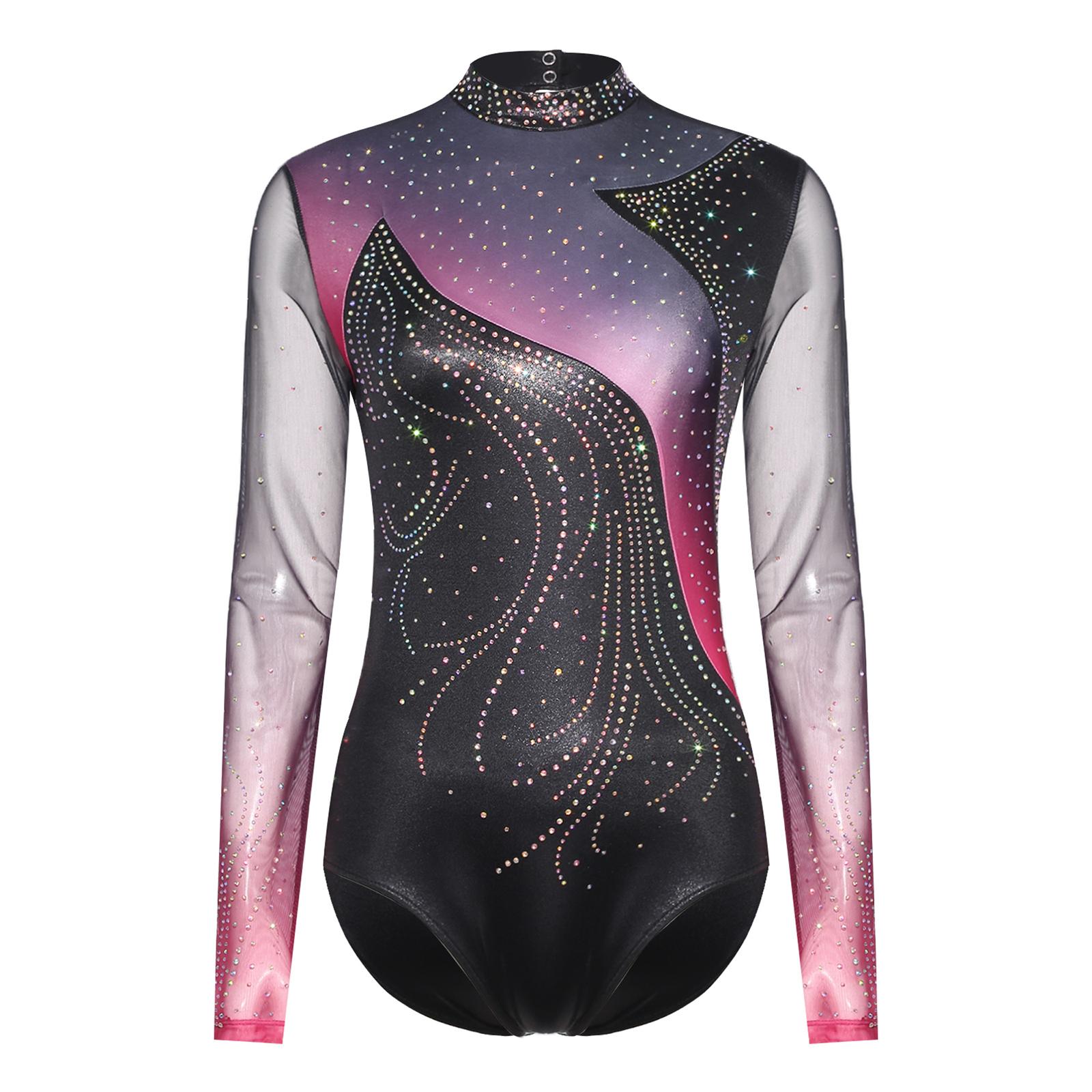 Damen Figur Skating Leotard Strass Langarm Stromlinienförmig Spleiß Ausgeschnitten Bodysuit Ballett Gymnastik Bekleidung M heißes rosa