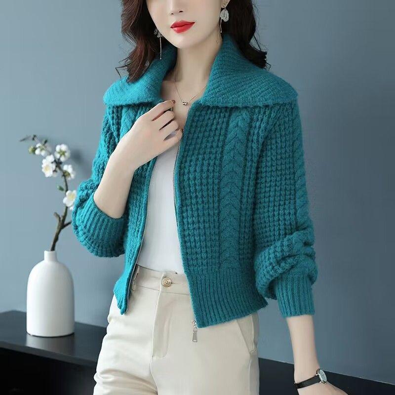 Frauen Strickjacke Reißverschluss Pullover Jacke Kurze Herbst und Winter 2022 lässig solide Langarm Revers Strickjacke Pullover weiblich One Size blau