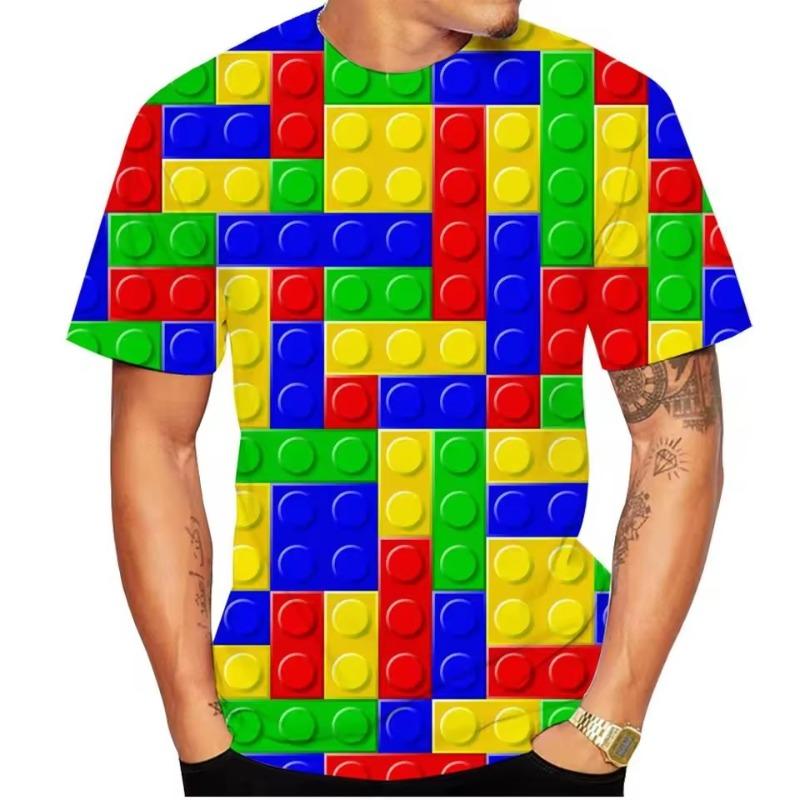 Retro-Baustein-T-Shirt mit 3D-Druck, Puzzle, Videospiele-Muster, lockere Straße, kurze Ärmel, Y2k-T-Shirts S