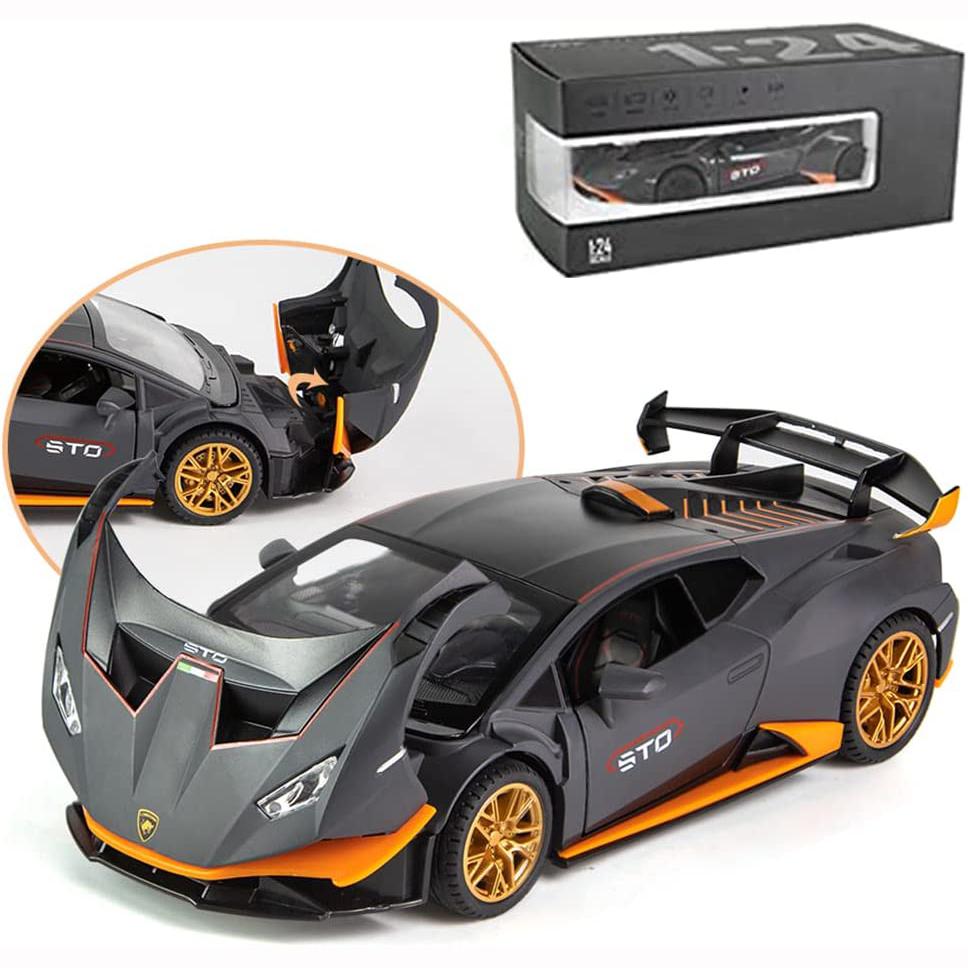 1:Legierungsdruckguss-Automodell im Maßstab 24 für Lambo Huracan STO 2021, zurückziehbare Fahrzeuge, Modellautos, Spielzeug mit Licht und Sound für Kinder und Erwachsene 1/24-21x8.5x5.5cm orange/schwarz
