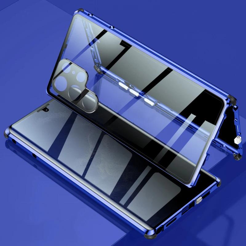 360° Anti-Peeping Sichtschutz Doppelseitige Gehärtete Glas Hülle Für Samsung Galaxy S26 S25 S24 S23 S22 Ultra Plus Magnetischer Metall Stoßfänger Handyhülle For Samsung S22 blau