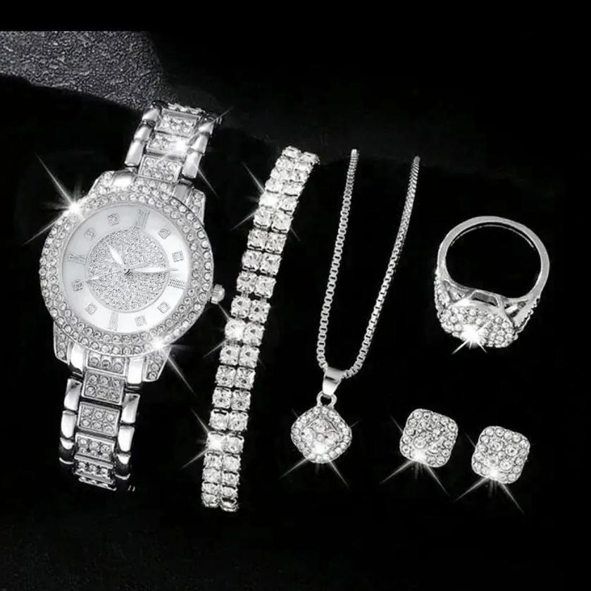 6-teiliges Damenuhren-Set, luxuriöse Strass-Quarzuhr, römische Mode-Analoguhr und Schmuckset, Geschenk für Mama und Sie