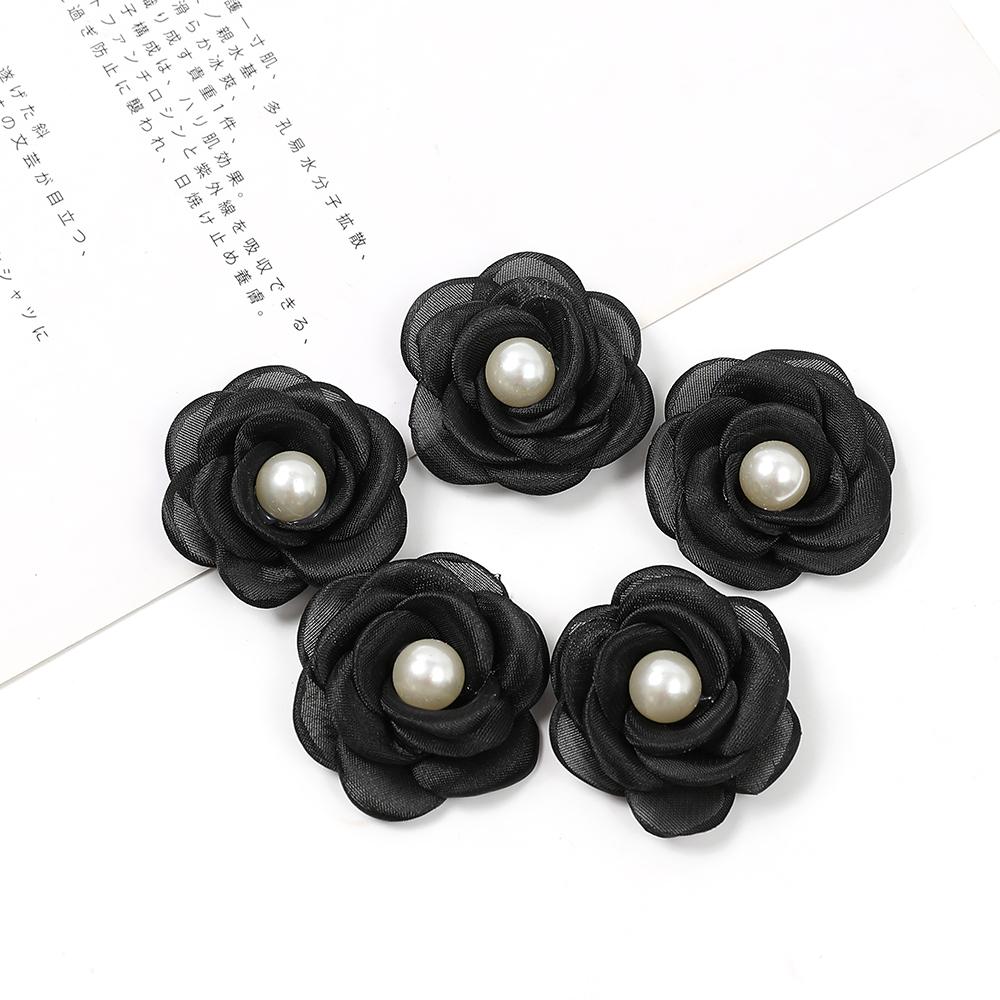 Künstliche Blumen Kopf mit Perlen Chiffon Stoff Haarnadel Corsage Hochzeitskleid Kleidung machen Zubehör Seidenblumen schwarz