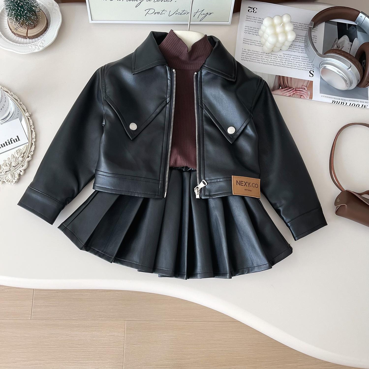 Zweiteiliges Set für Mädchen Hübsches Revers Einfarbiges Leder-Top + Einfarbiger Leder-Faltenrock Kinderkleidung Mädchen Kleinkindmädchenkleidung 90cm schwarz