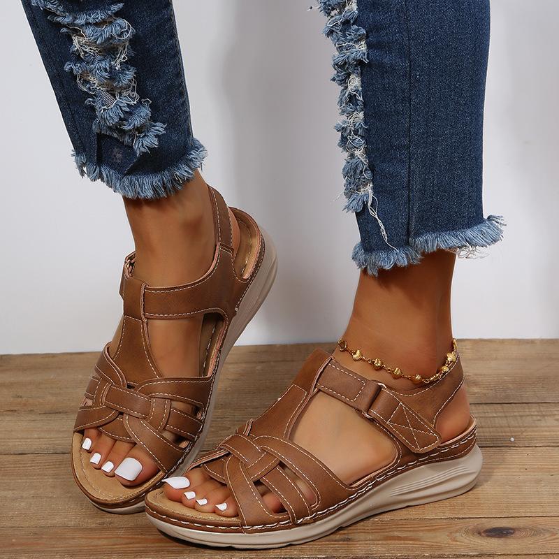Sommer-Retro-Sandalen, Car Line, leichte, weiche Sohle, großer runder Zehenbereich, geneigter Absatz, Klettverschluss-Sandalen für Damen 41 braun