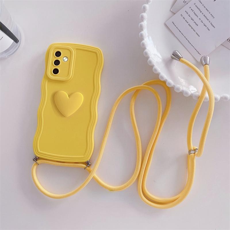 Lockige gewellte Crossbody Lanyard Silikonhülle für Samsung Galaxy S24 S23 S22 S21 Ultra S23 FE A54 A34 A14 A15 A25 A35 A55 A25 A05 3D Love Heart Cover For Samsung S21 gelb