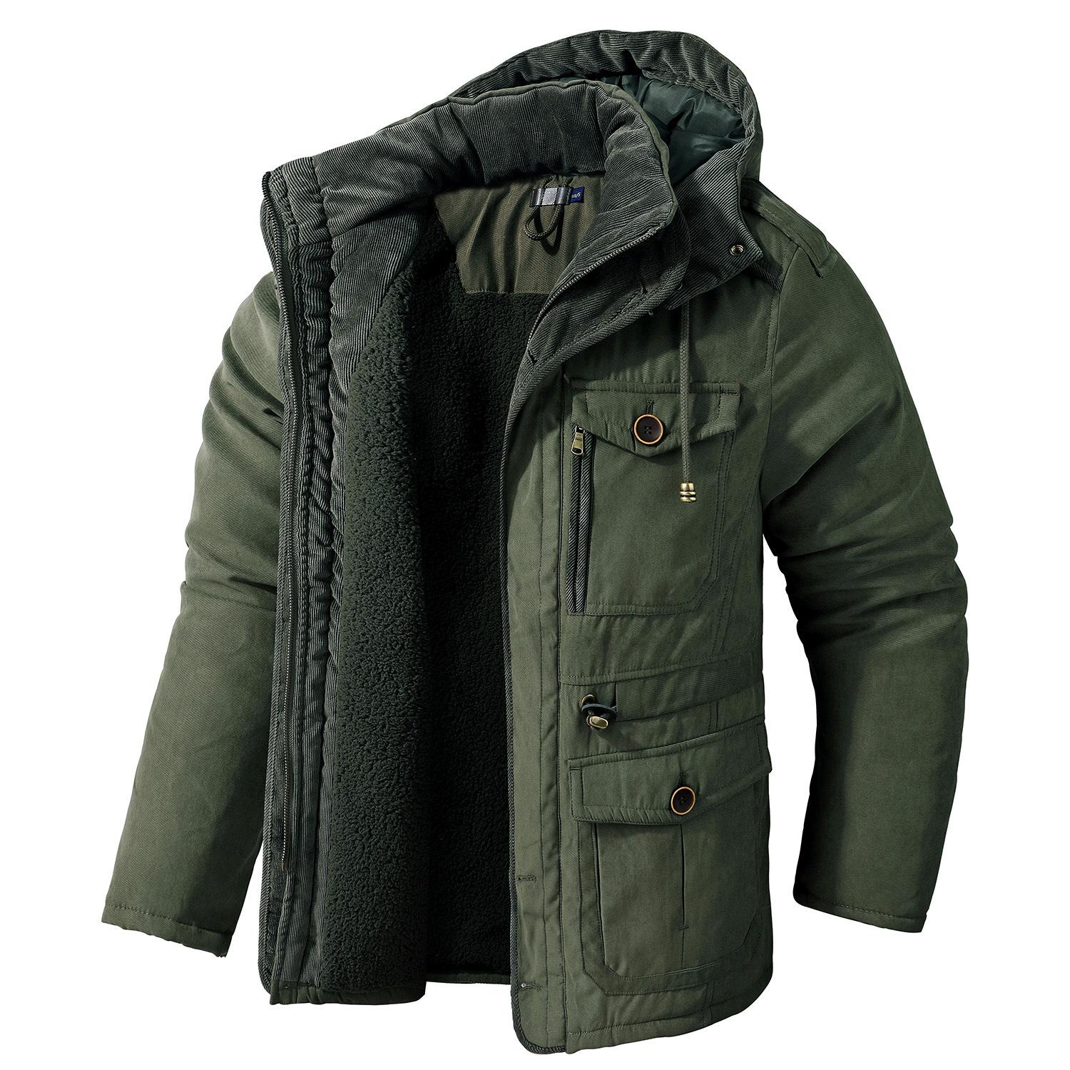 Winter Fleece Parkas Männer Warme Winddichte Jacken Dicke Kapuze Parka Mantel Herren Pelz Liner Oberbekleidung Lässige Baumwolle Gefütterte Jacke M armee grüne