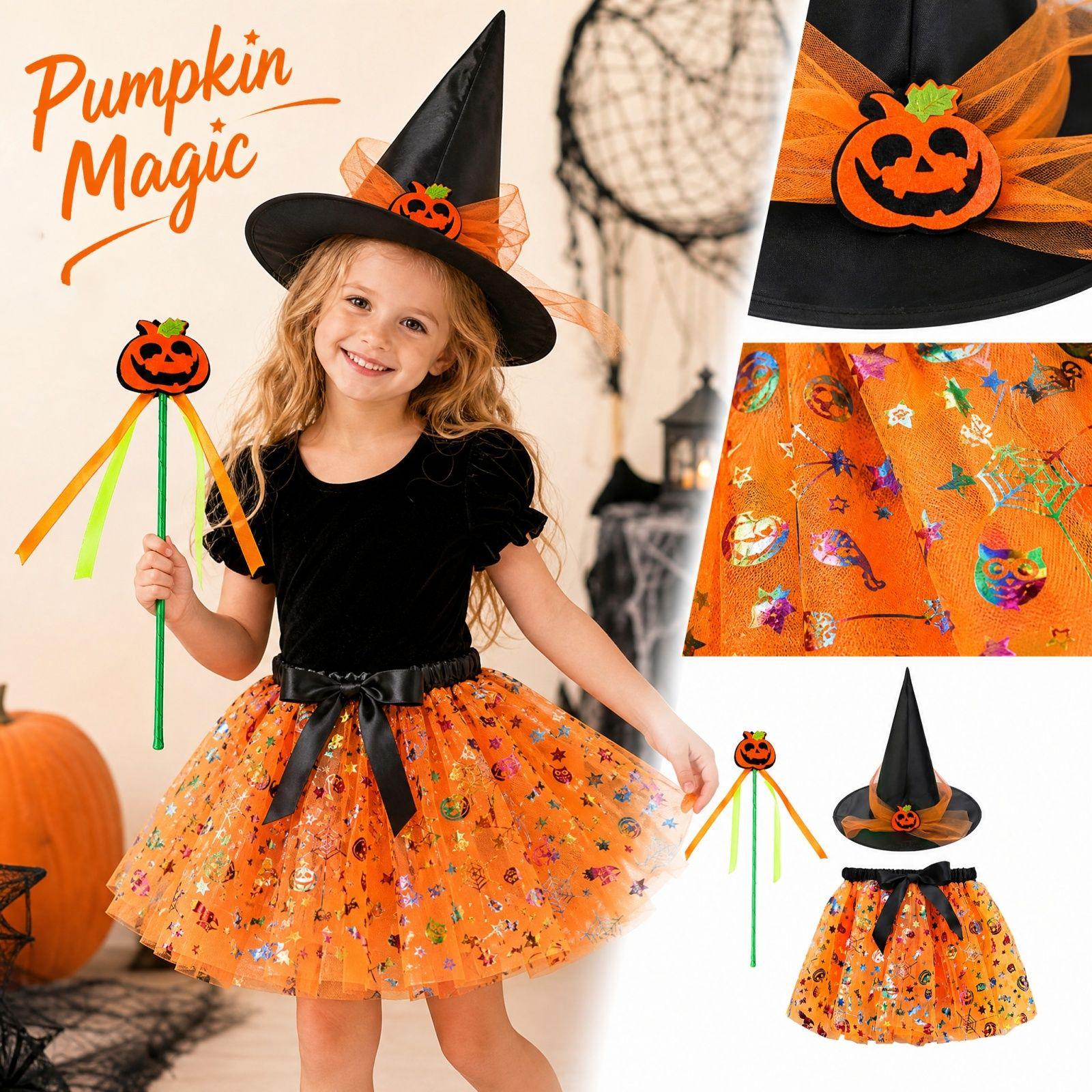 Mädchen Halloween Kostüm Set 3-teilig Kleid mit Kürbis und Print-Netz, Hexenhut und für Kostümparty 110 safrangelb