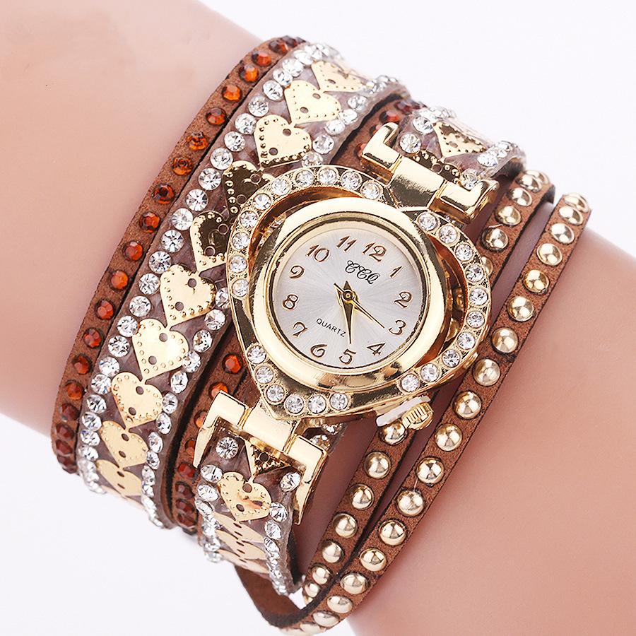 Frauen Armband Leder Quarz Strass Armbanduhren Uhr Damen Kleid Uhren Geschenk braun