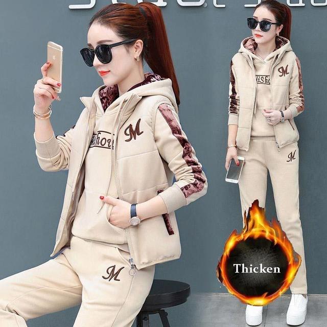 3 stück Set Frauen Anzug Trainingsanzug Winter Hoodies + Weste + Hosen Track Anzug Plus Samt Warme Sporting Anzüge Weibliche kleidung 8110924 XXXL67.5-75kg beige