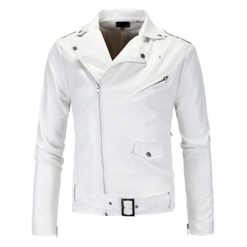 Neue Herren Motorrad Slim Lederjacke Stehkragen Cut Diagonal Zipper Weiße Lederjacke L