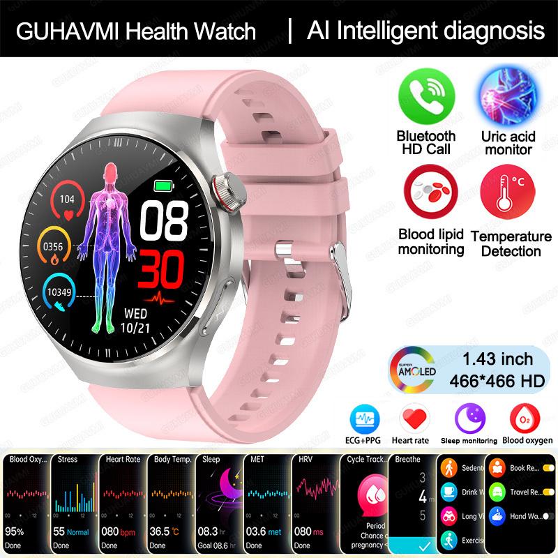 2025 Neue Smartwatch in Krankenpflegequalität Blutsauerstoff Blutfett Harnsäure EKG+PPG Körpertemperatur Bluetooth-Anruf Gesundheits-Smartwatch pink-silicone