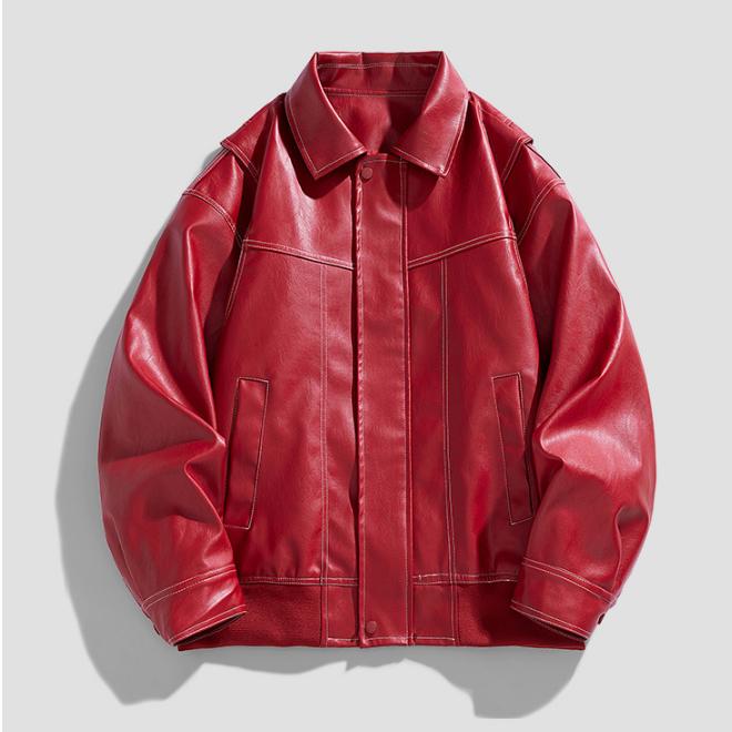 Amerikanische antike Motorradjacke mit Reverskragen Lederjacke für Herren Herbst und Winter Pu-Lederjacke für Herrenbekleidung L rot