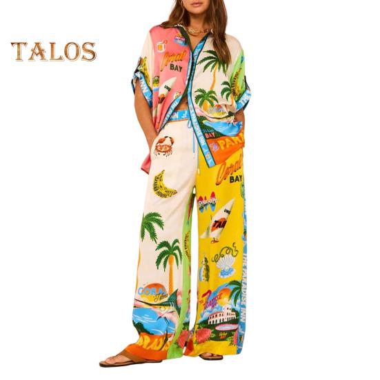 2-teiliges Set mit Hemd und Hose im Hawaii-Urlaubsstil, farbenfroher Aufdruck, einreihiges Oberteil mit kurzen Ärmeln und Revers, hohe elastische Taille, Hose mit weitem Bein 2XL gelb