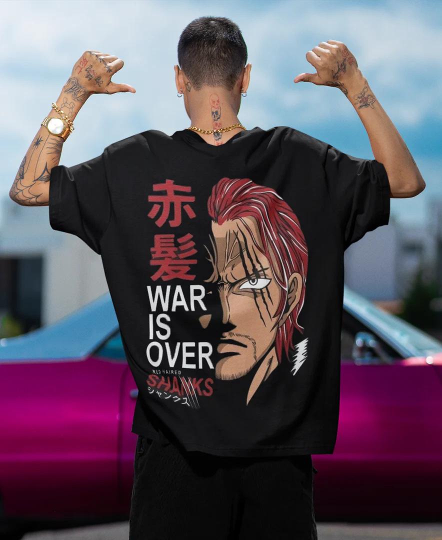 ONE PIECE Anime Bedrucktes Herren Baumwoll-T-Shirt Streetwear One Piece Rotes Haar Shanks Schwarzes T-Shirt Herren Top Sportlich Lässiges T-Shirt XL