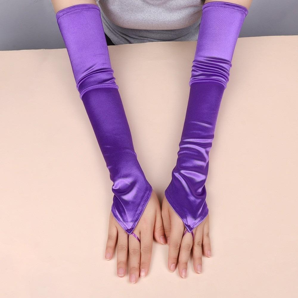 49CM Damen Handschuhe Satin Lange Fingerlose Handschuhe Neu Haken Fingerhandschuhe Hochzeit Braut violett