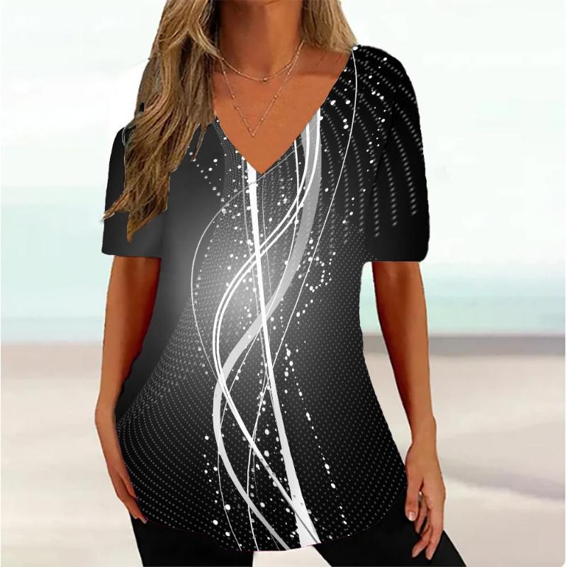 Damen T-Shirt mit 3D-Wellen-Kurve, modisch, V-Ausschnitt, Sommer, kurzärmelig, lose, Streetwear, Damenkleidung, lässiges T-Shirt für Damen XXXL