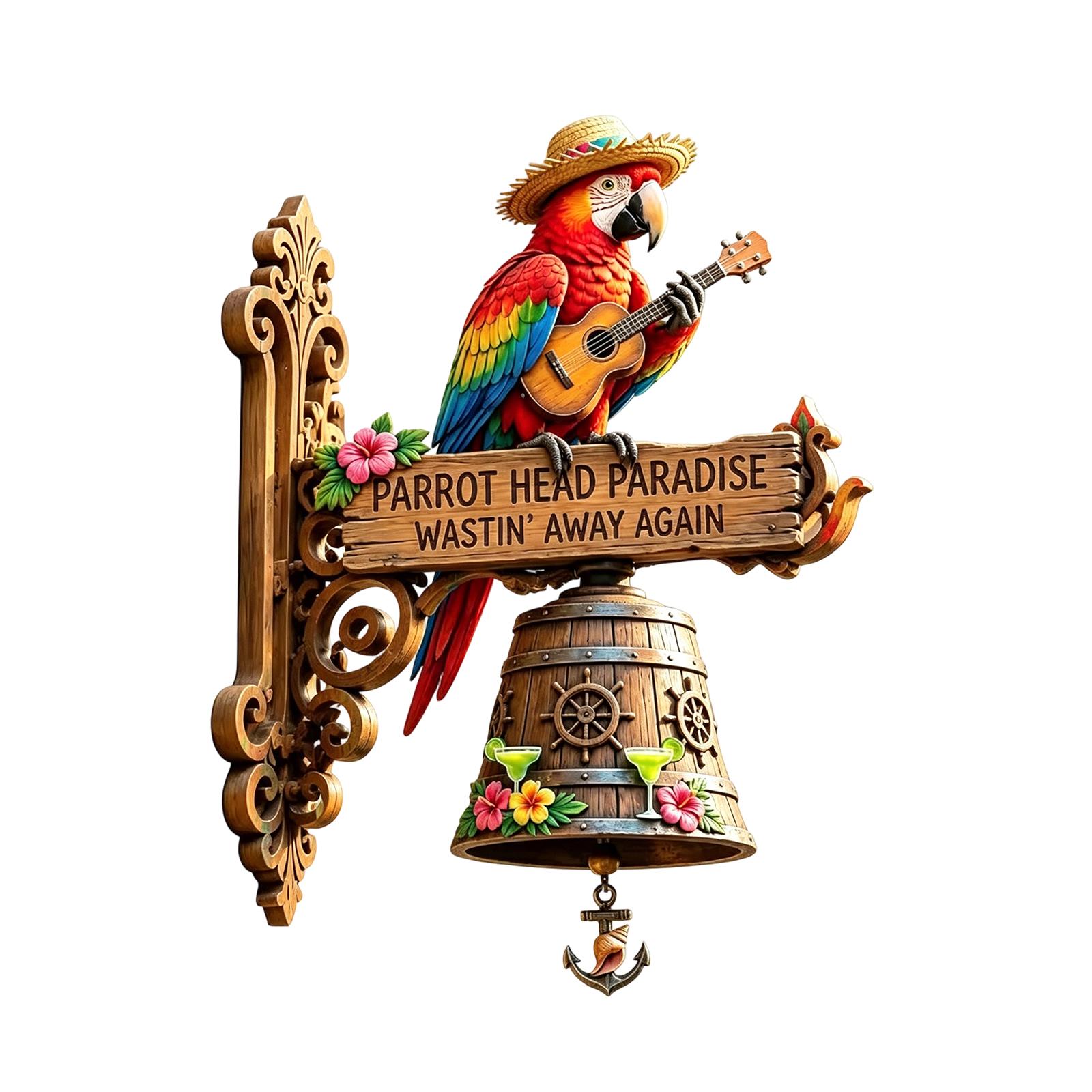 Wandmontiertes Papageienglockenschild für den Außenbereich, dekorativer Türhänger mit Musikinstrument und Fassglocke für Terrasse, Veranda, Garten one size