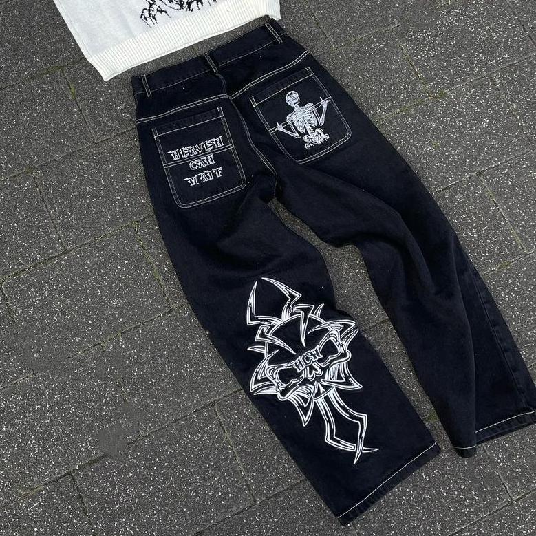 LUXEON Y2K Jeans Herren Hip Hop Retro Totenkopf Stickerei Gewaschen Baggy Denim Hose Neue Gerade Lässige Lockere Weite Hosen Streetwear XXL weiß