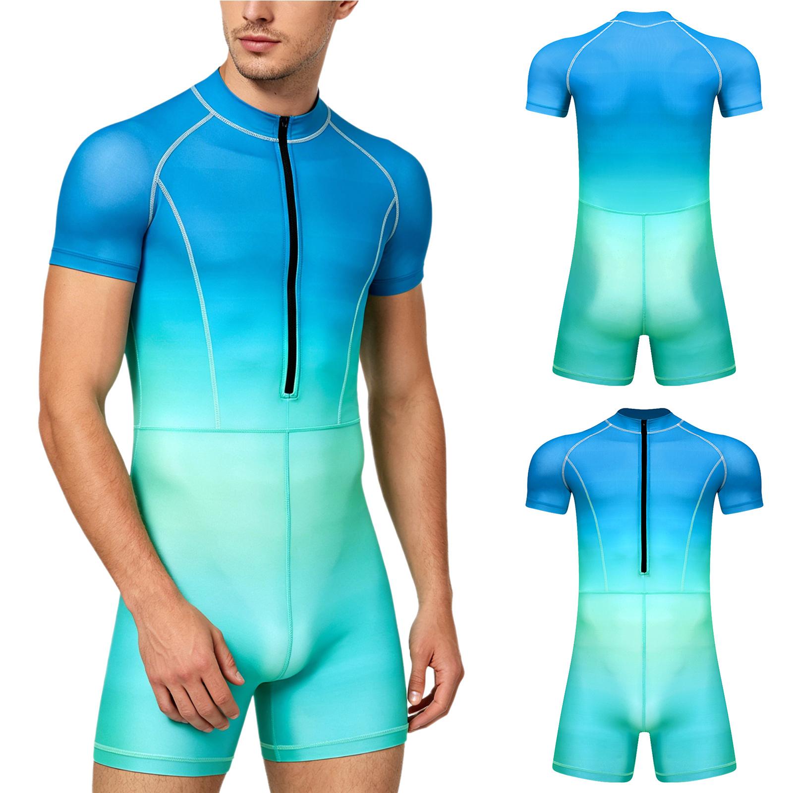 Herren Einteiler Badeanzug Farbverlauf S-3XL Kurzarm Reißverschluss vorne Boyshorts Rash Guard Jumpsuit zum Surfen Schwimmen Tauchen 3XL blau