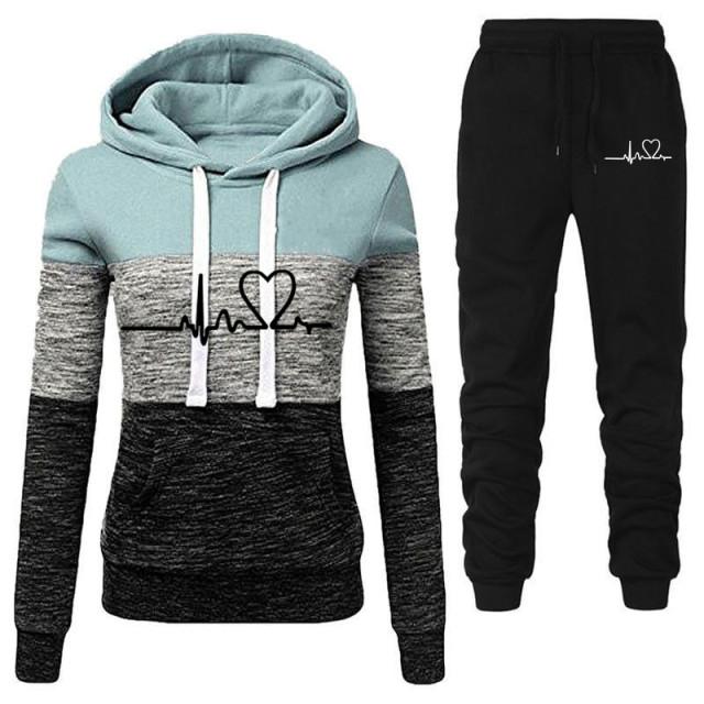 Frauen Mode Trainingsanzug Druck Hoodies Hosen 2 Stück Set Sportwear Winter Frauen Sport Anzug Kapuzen Sweatshirt Set Lose Sport mode Set S see-blaue