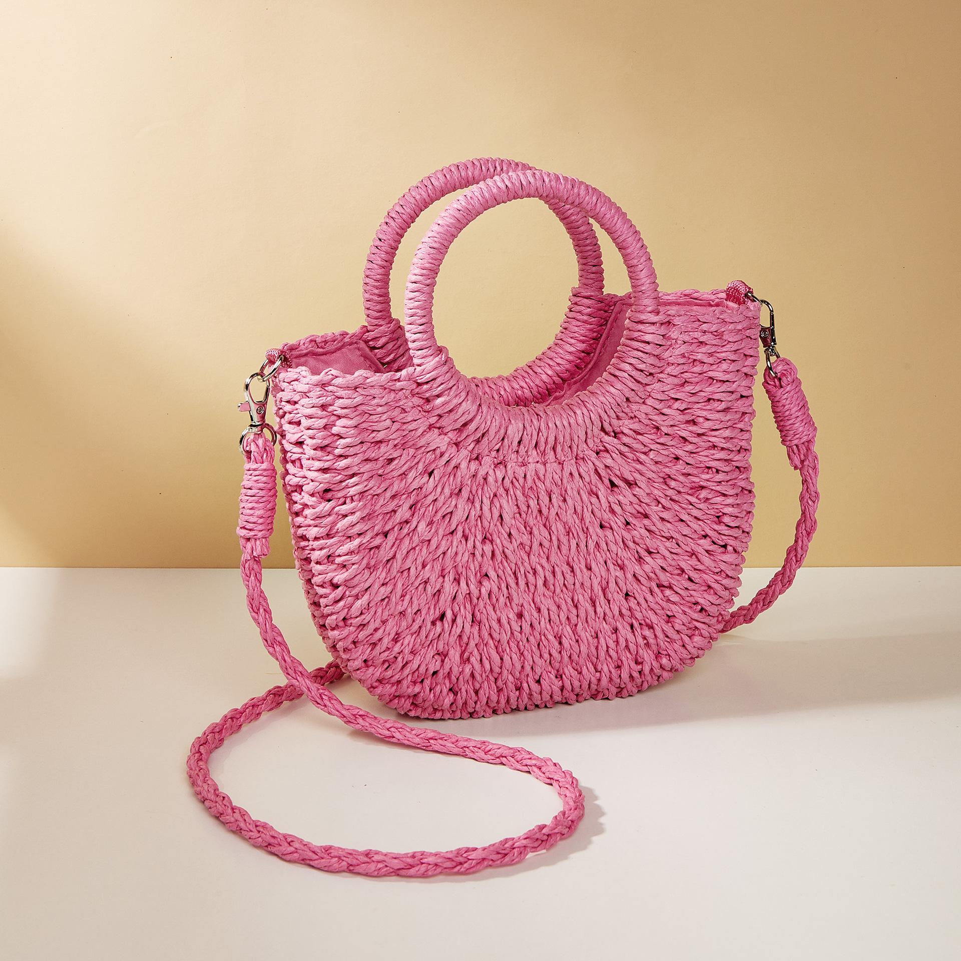 Halbrunde Rattan Geflochtene Stroh Strandtasche Sommer Damen Umhängetaschen KTB 24*8*20cm heißes rosa
