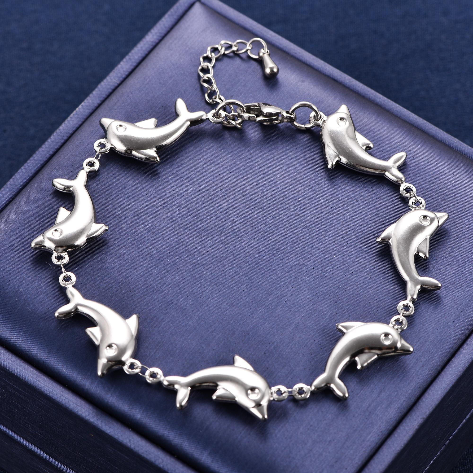 Süßes Edelstahl-Delfin-Armband Gliederkette für Damen Mädchen Fußkettchen Armband Sommer Strand Metall Schmuck Zubehör 23cm plus Extension silber