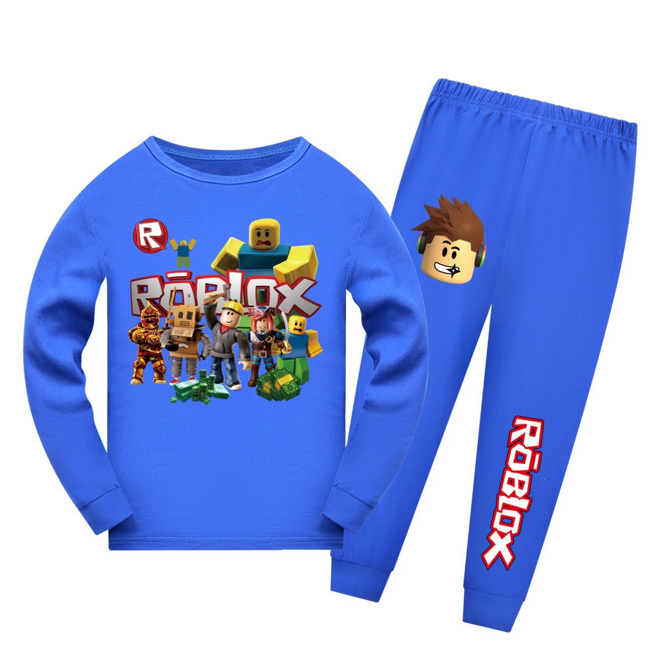 Herbst Winter Niedlich Cartoon Roblox Kinder Langarm Lange Hose Nachtwäsche Bedruckt Warm Bequemes Set 160 blau