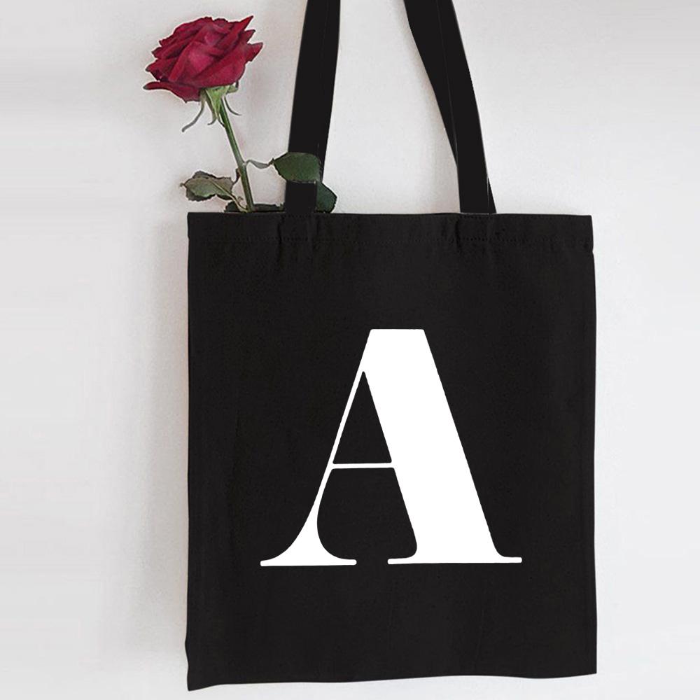Englische Alphabet-Buchstaben-Einkaufstasche, personalisierte Tragetasche, Canvas, schwarze Tasche, Harajuku, hohe Kapazität, Damen-Handtasche, wiederverwendbarer Shopper