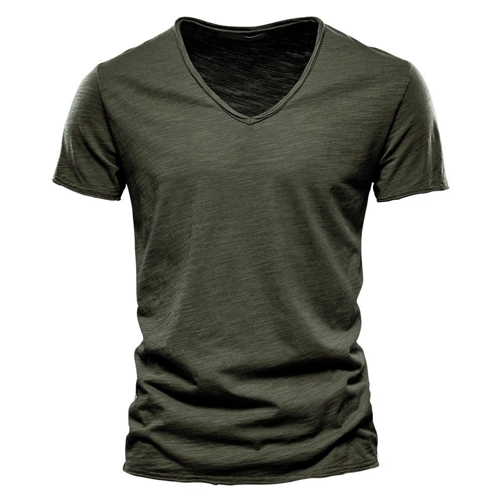Herren Sommer Einfarbig V-Ausschnitt Kurzarm T-Shirt Baumwolle Oberteil Europäischer und Amerikanischer Stil Herrenmode L armee grüne