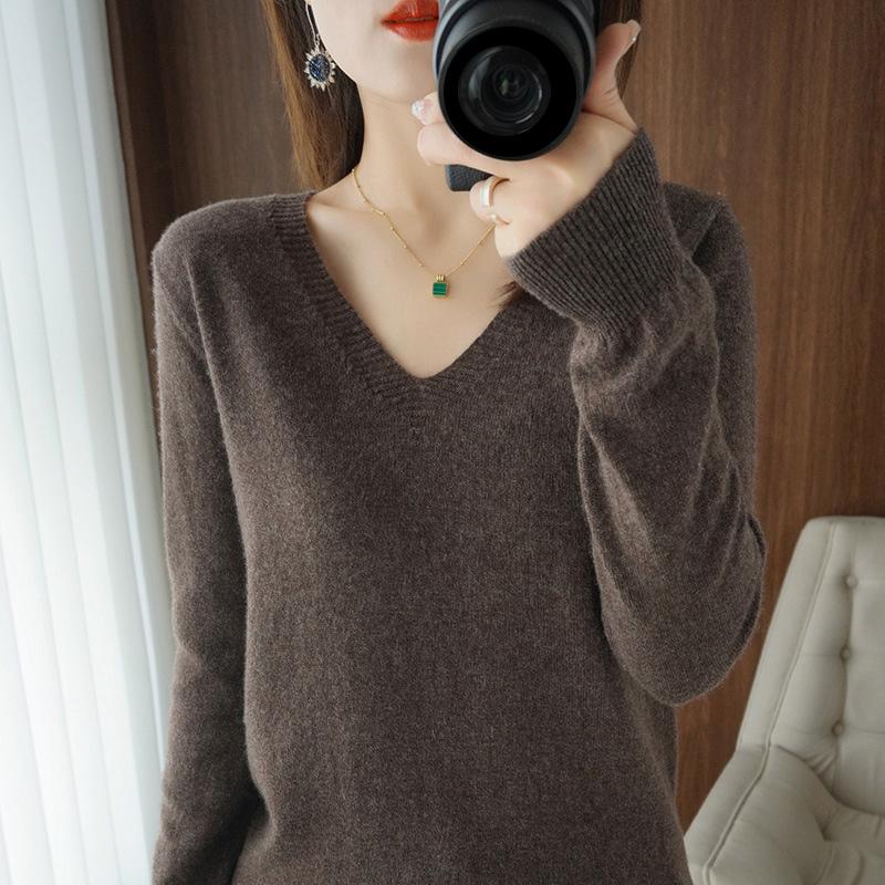 1PC Mode Kaschmir Bodenbildung Shirt Pullover Gestrickte V-ausschnitt Pullover Jumper Langarm Lose L dunkel kaffee