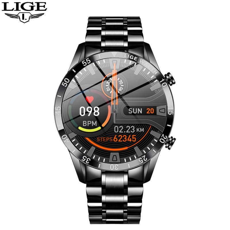 LIGE 2022 Volle Kreis Touchscreen Stahl Band Luxus Bluetooth Anruf Männer Smart Uhr Wasserdichte Sport Aktivität Fitness Uhr + box steel belt schwarz
