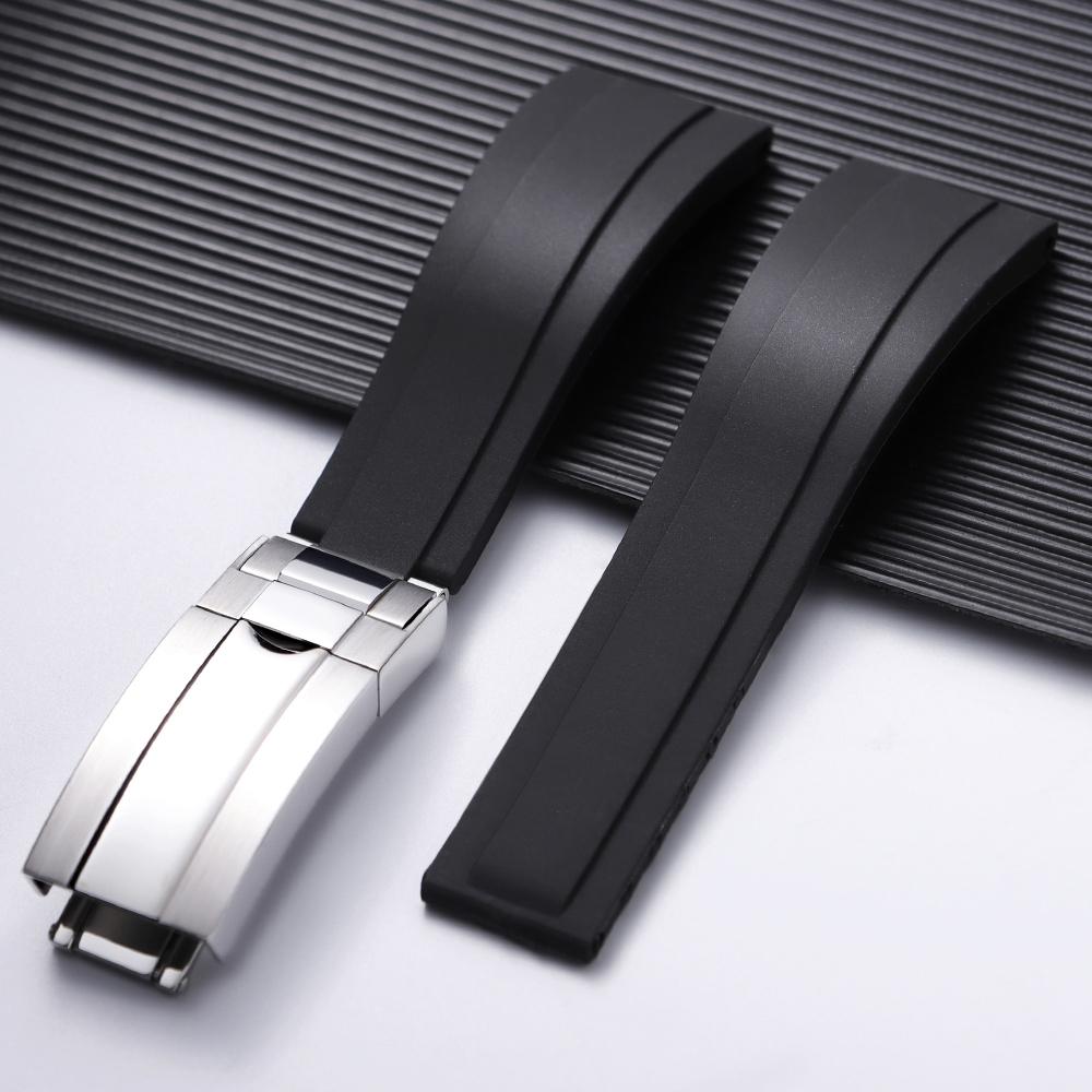 Für Rolex Silikon Uhrenzubehör für GMT Submariner Grün Schwarz Uhrenarmband Flache Schnittstelle Armband 20mm Faltschließe 20mm&Silver Gold Buckle schwarz