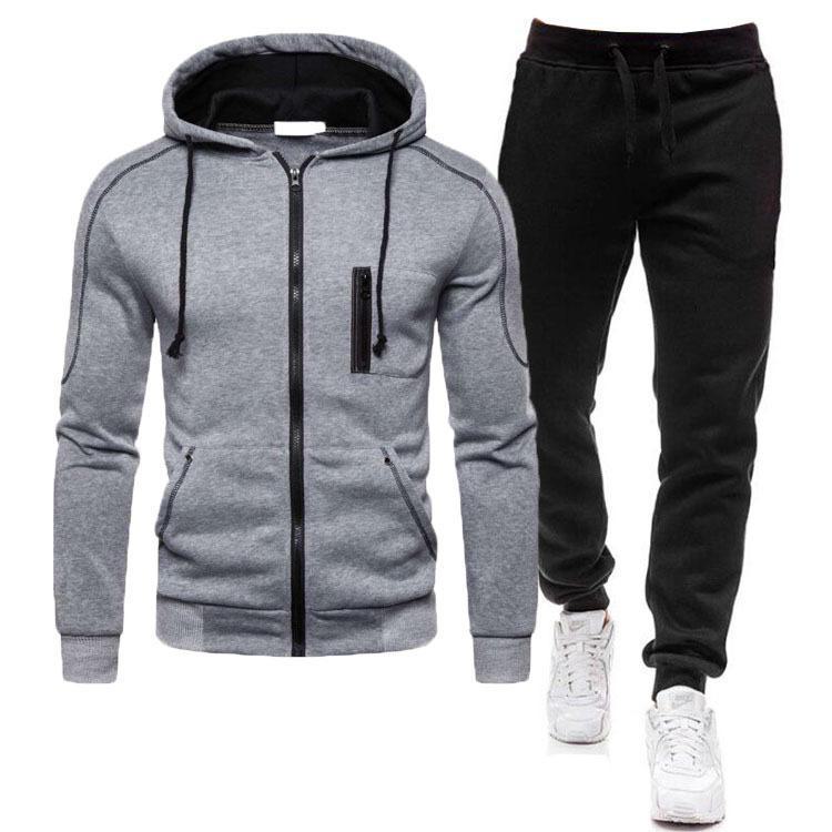 Herren 2024 Einfarbiges Reißverschluss-Hoodie- und Jogginghosen-Set - Digitale Freizeitsportbekleidung M licht grau