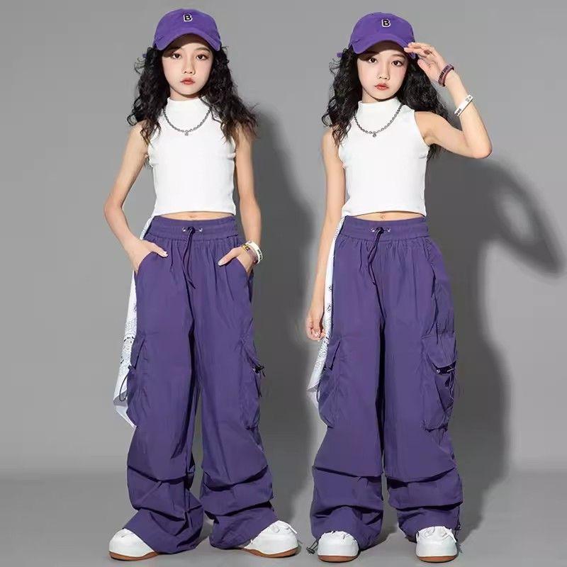 Kinder Hip Hop Joggers Hosen Mädchen Cargo Hosen Teenager Gerade Hose Hohe Taille Vintage Casual Streetwear Baggy Hosen 160cm violett