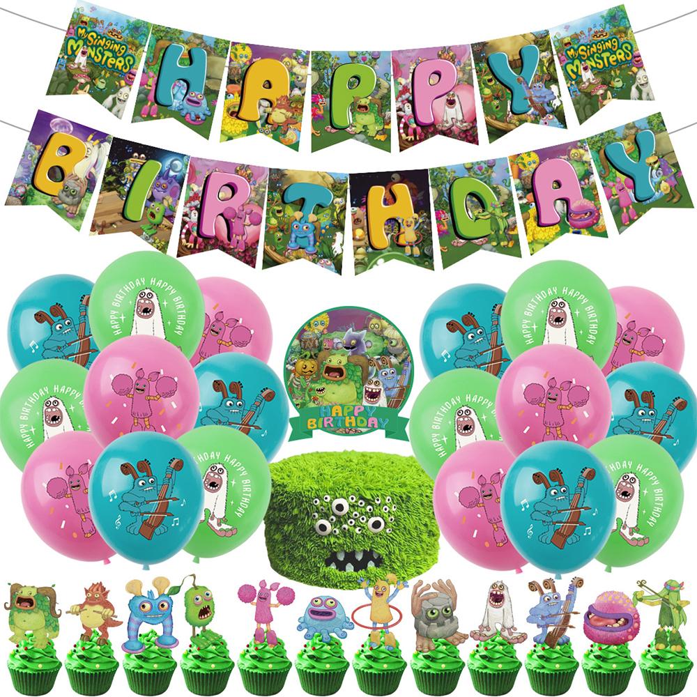 Zum Geburtstagsparty-Zubehör „My Singing Monster“ gehört ein Banner-Luftballon-Kuchenaufsatz