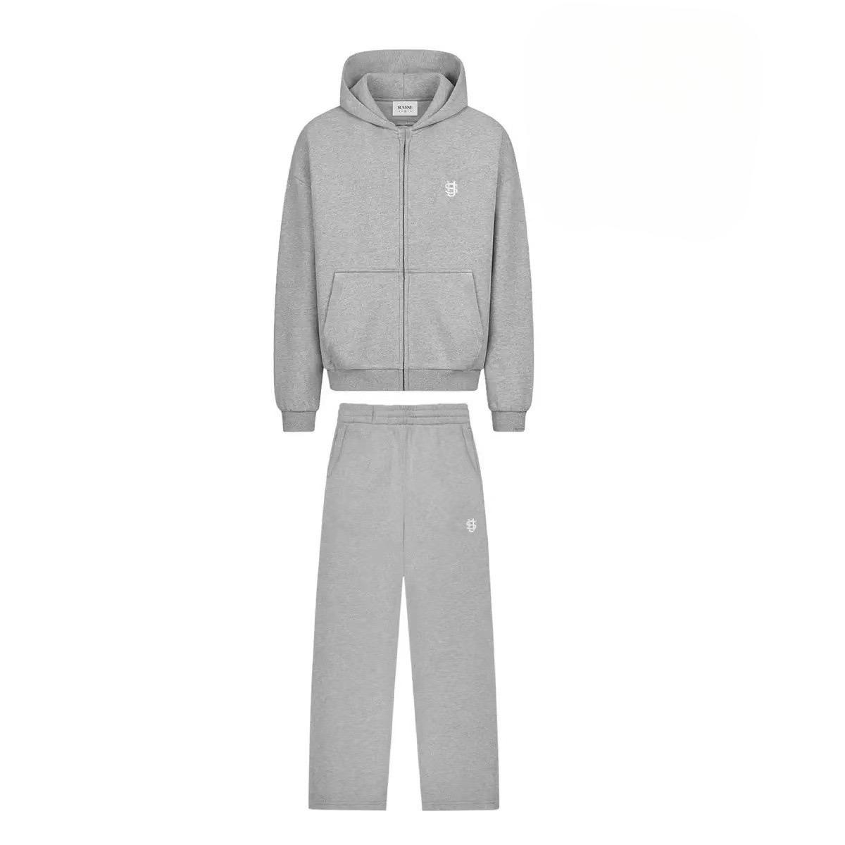 FlowStreet Gestickter Lässiger Reißverschluss Hoodie Jogginghose Zweiteiliges Set Y2K Kleidung Herren Hip-Hop Übergroße Jogginghose Lässige Hose XL grau