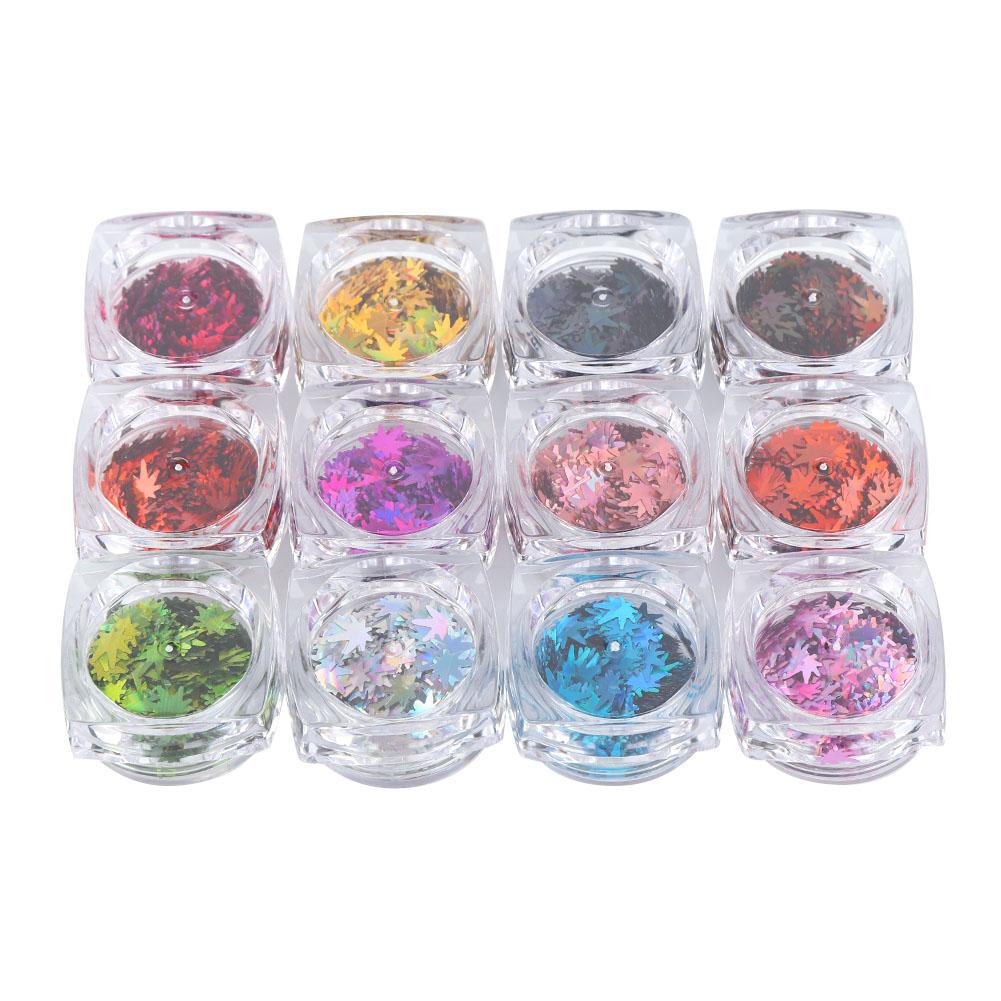12 Farben Ahornblattförmige Nailart-Pailletten Nagel DIY Dekoration Glänzende Pailletteqt0273