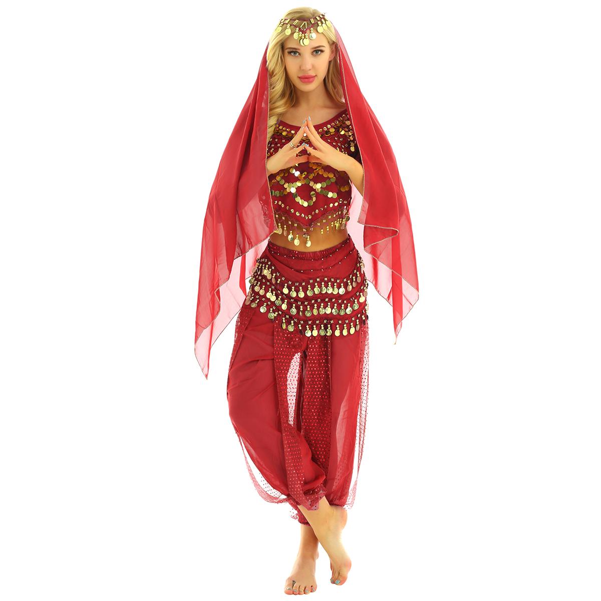 Damen Indien Bauchtanz Kostüm Top mit Haremshose Hüfttuch Halloween Kostüm One Size rot