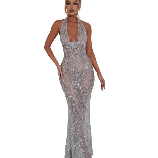 Damen Durchsichtiges Mesh Maxi Kleid Glitzernde Pailletten Durchsichtig Neckholder Langes Kleid Tiefer V-Ausschnitt Rückenfreies Bodycon Kleid Sexy Party Outfits XL silber