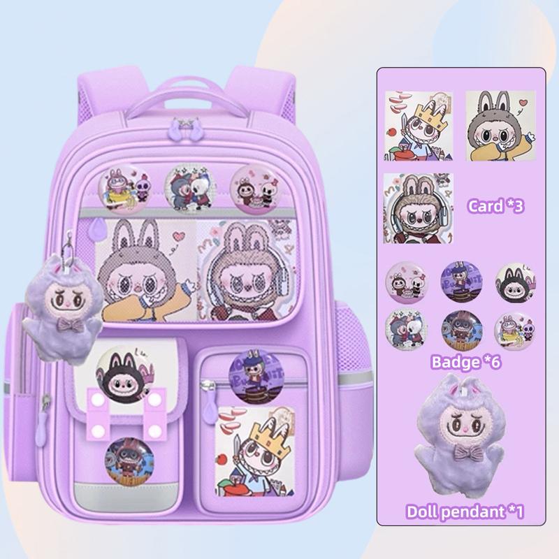 Neue Cartoon LABUBU Kinder-Schulranzen Kinder-Rucksäcke für die Klassen zwei bis sechs Wasserdichte, leichte und großvolumige Rucksäcke mit Anhänger violett