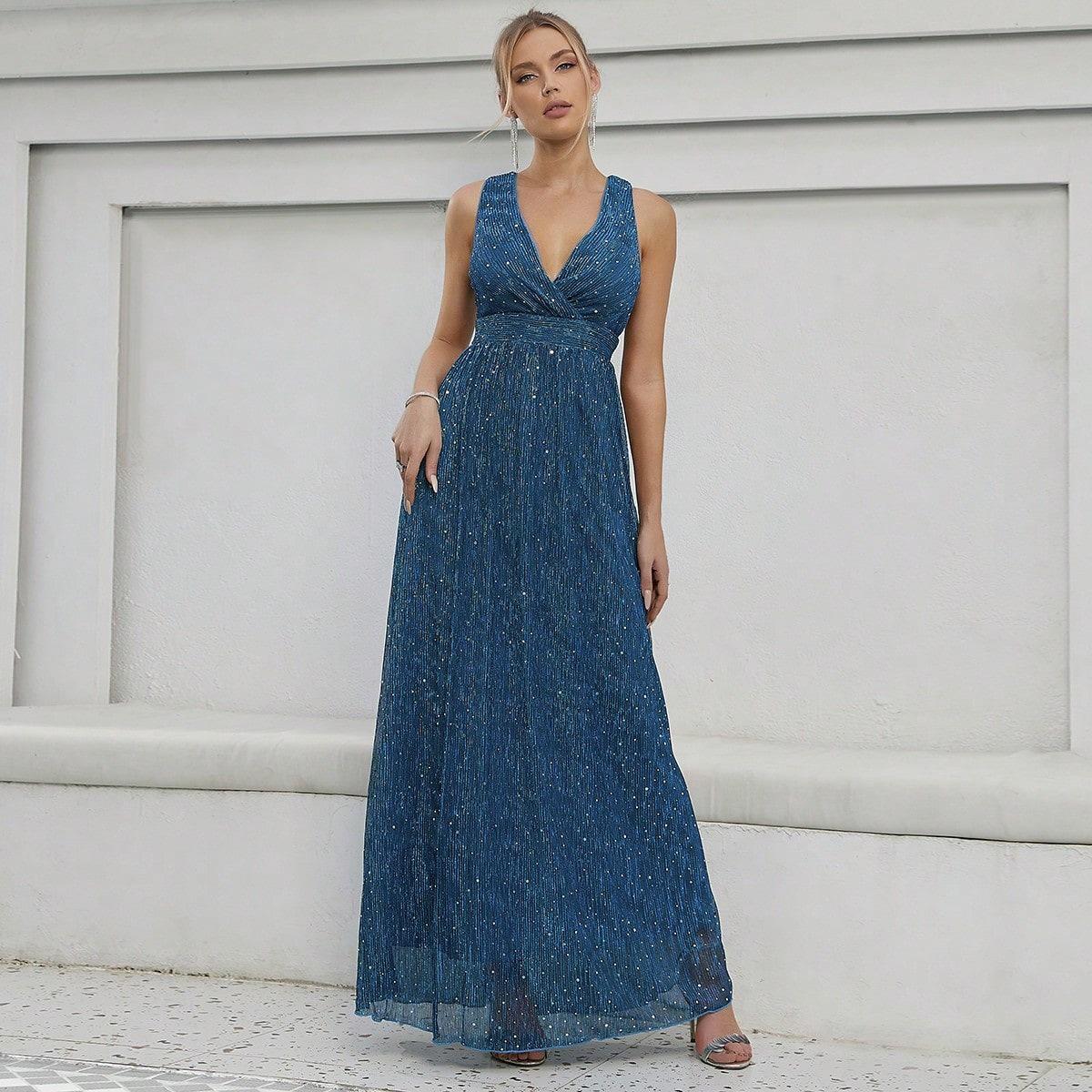 Pailletten Spaghetti Träger Mesh Weihnachts Abendkleid Medium