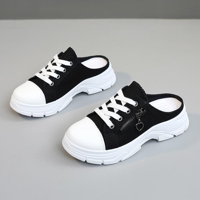 Mode Sommer Neue Frauen Halb Hausschuhe Leichte Bequeme Casual Leinwand Schuhe Weibliche Turnschuhe Mode Lace-up Plattform Schuhe Mujer 37 schwarz