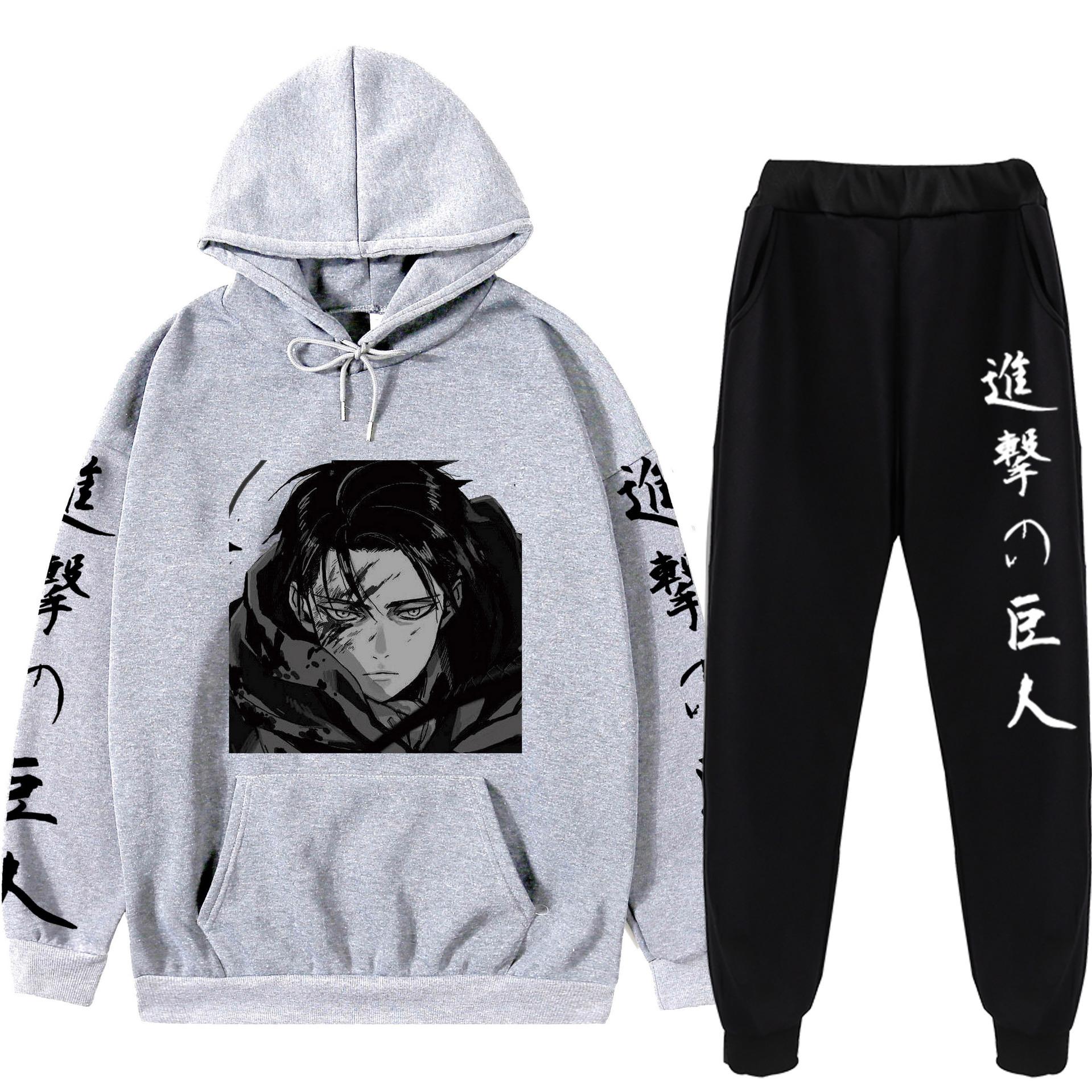 Plus Größe Angriff Riesen Hoodies Hosen Sets Anime Anzug Sweatshirt Streetwear Männer Pullover Anzug Trainingsanzug Sportwear Frühling Herbst L graue