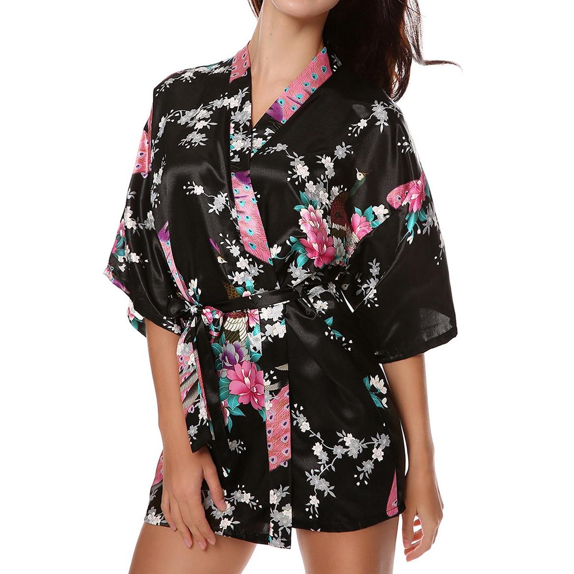 Seide Royal Floral Frauen Robe Sexy Hochzeitskleid Nachtwäsche Nachthemd Kimono Bademantel XXL schwarz